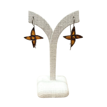 Boucles Ambre Cognac Fleurs Argent 925