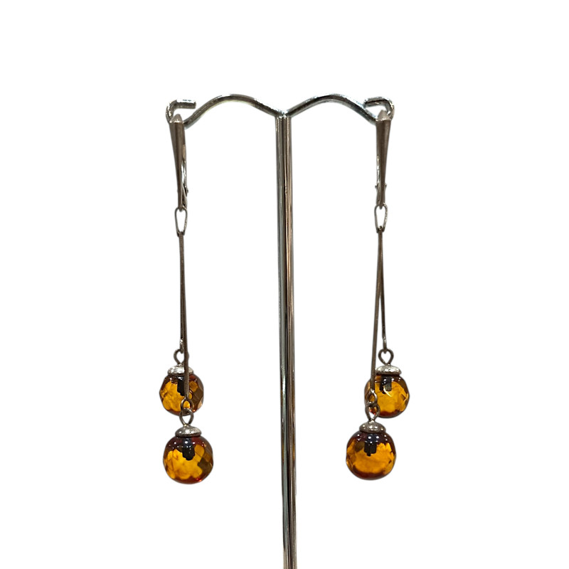 Boucles Ambre Cognac boules Argent 925