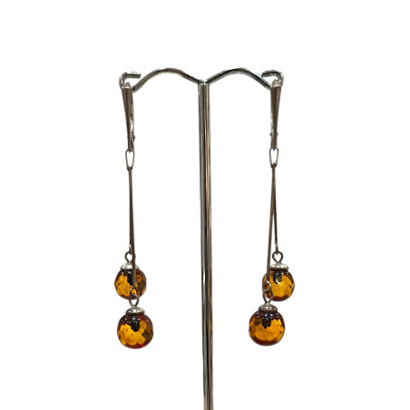 Boucles Ambre Cognac boules Argent 925