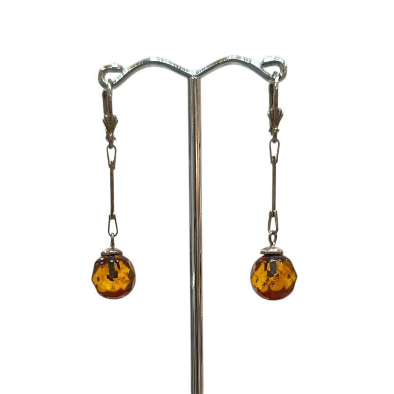 Boucles Ambre Cognac boules Argent 925