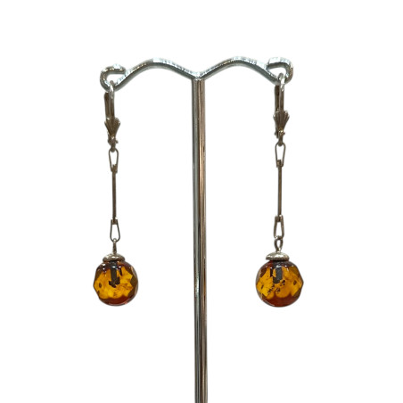 Boucles Ambre Cognac boules Argent 925
