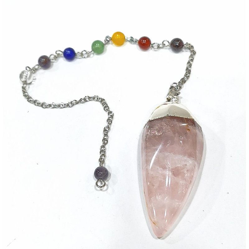 Pendule Quartz Rose 5 cm avec Chaine 7 Chakras 25 cm