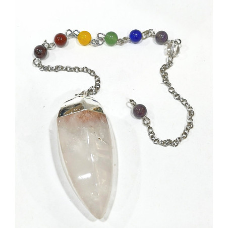 Pendule Cristal de Roche 5 cm avec Chaine 7 Chakras 25 cm