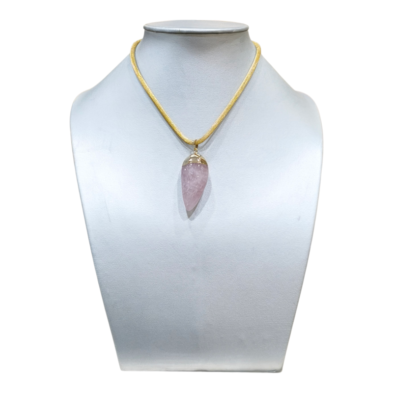 Pendentif Quartz Rose 5 cm sur Chaîne Plaquée Or 40 cm