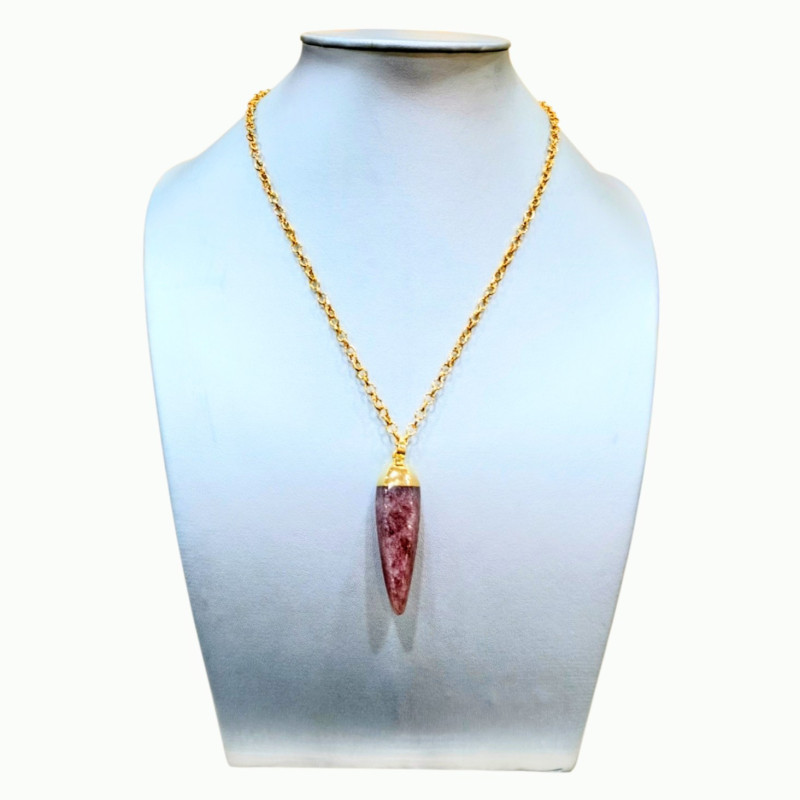 Pendentif Quartz Cerise 5 cm sur Chaîne Plaquée Or 52 + 5 cm