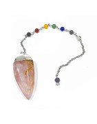 Pendule Quartz Rose 5 cm avec Chaine 7 Chakras 25 cm