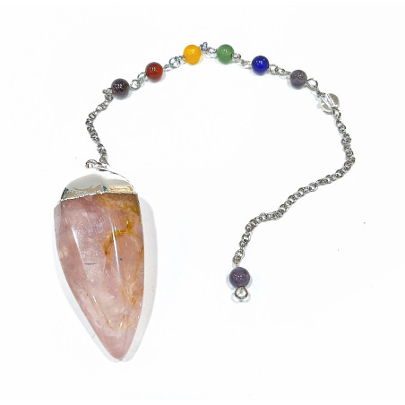 Pendule Quartz Rose 5 cm avec Chaine 7 Chakras 25 cm