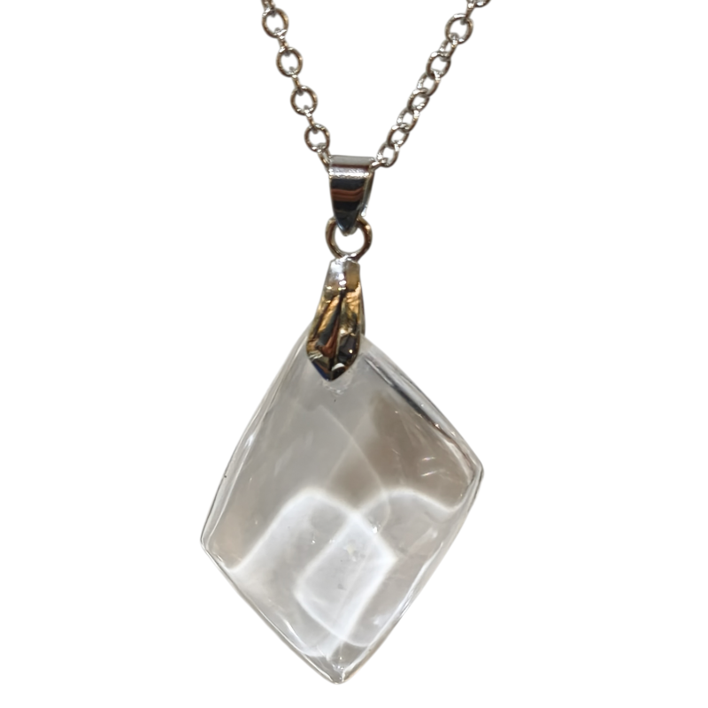 Pendentif Cristal de Roche Losange sur Chaîne Acier Inox 21 + 2 cm