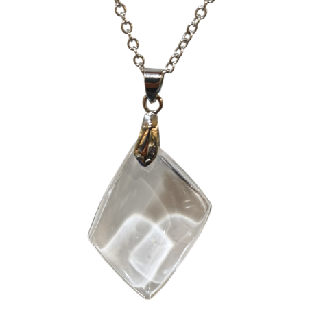 Pendentif Cristal de Roche Losange sur Chaîne Acier Inox 21 + 2 cm