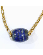 Pendentif Lapis-Lazuli Cylindre sur Chaîne Plaquée Or 36 + 3 cm