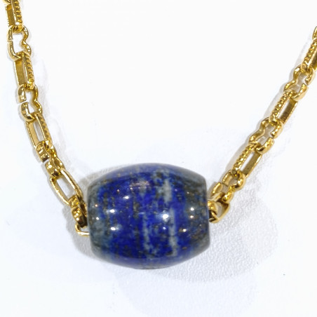Pendentif Lapis-Lazuli Cylindre sur Chaîne Plaquée Or 18 + 3 cm