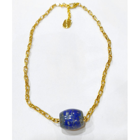 Pendentif Lapis-Lazuli Cylindre sur Chaîne Plaquée Or 18 + 3 cm