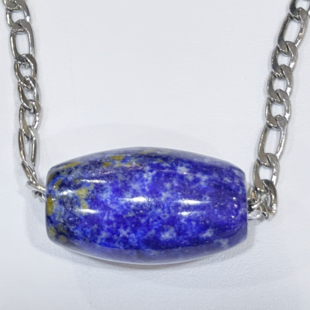 Pendentif Lapis-Lazuli Cylindre sur Chaîne Acier Inox 22 cm