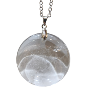 Pendentif Cristal de Roche Rond sur Chaîne Acier Inox 21 + 2 cm