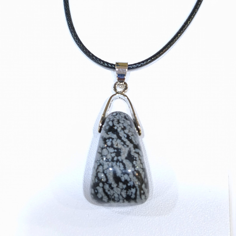 Pendentif Obsidienne Neigeuse sur Cordon Simili 21 + 5 cm