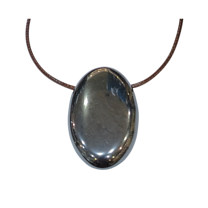 Pendentif Hématite Ovale sur Cordon Simili Marron Réglable