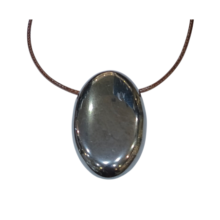 Pendentif Hématite Ovale sur Cordon Simili Marron Réglable