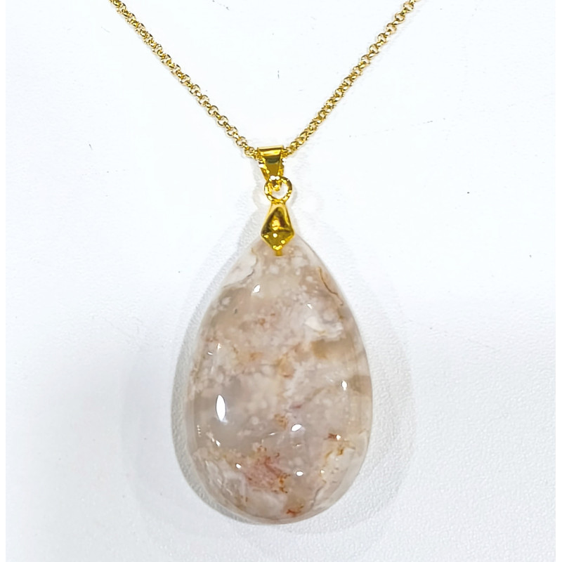 Pendentif Agate Fleur sur Chaîne Plaquée or 42 + 5 cm