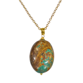 Pendentif Turquoise du Tibet sur Chaîne Plaquée Or 42 + 5 cm