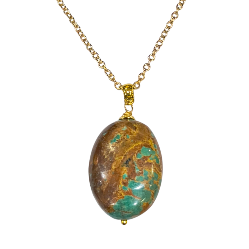 Pendentif Turquoise du Tibet sur Chaîne Plaquée Or 42 + 5 cm