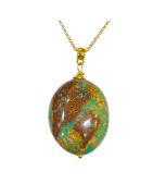 Pendentif Turquoise du Tibet sur Chaîne Plaquée Or 42 + 5 cm