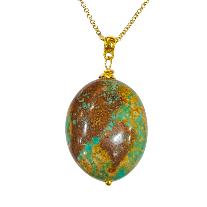 Pendentif Turquoise du Tibet sur Chaîne Plaquée Or 42 + 5 cm