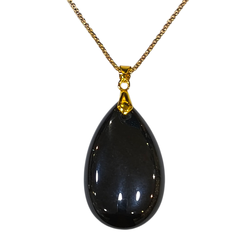 Pendentif Obsidienne Noire sur Chaîne Plaquée Or 42 + 5 cm