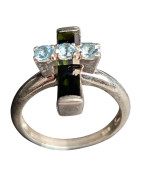 Bague Aigue marine et Tourmaline Verte Argent 925 Taille 56