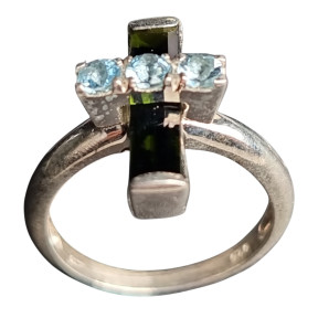 Bague Aigue marine et Tourmaline Verte Argent 925 Taille 56