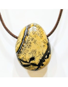 Pendentif Jaspe Paysage sur Cordon Simili Marron Réglable