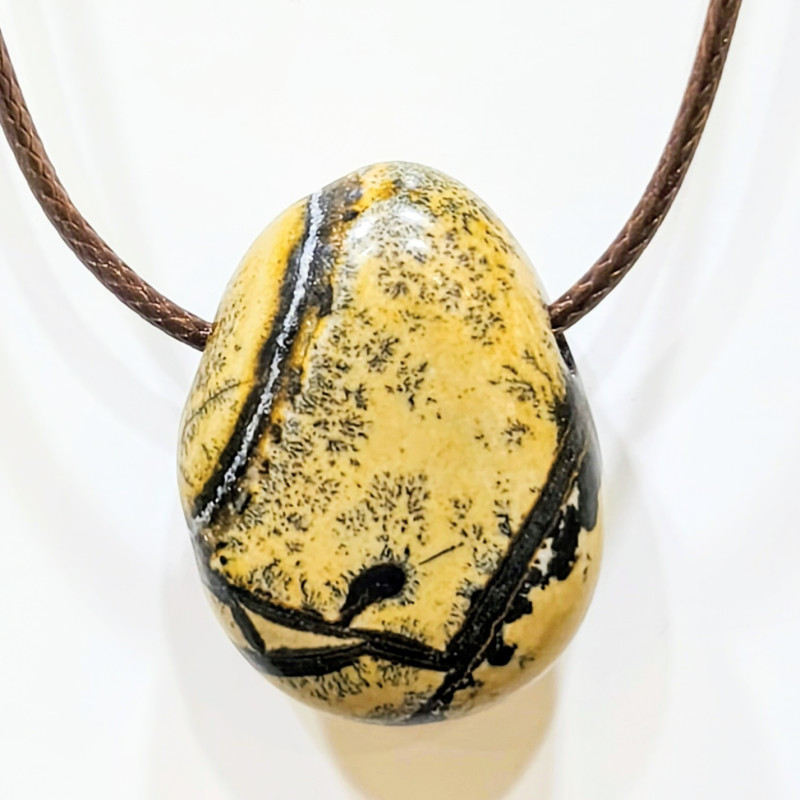 Pendentif Jaspe Paysage sur Cordon Simili Marron Réglable