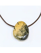 Pendentif Jaspe Paysage sur Cordon Simili Marron Réglable