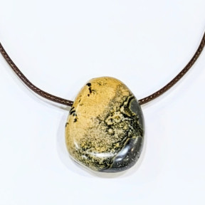 Pendentif Jaspe Paysage sur Cordon Simili Marron Réglable