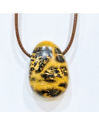 Pendentif Jaspe Paysage sur Cordon Simili Marron Réglable
