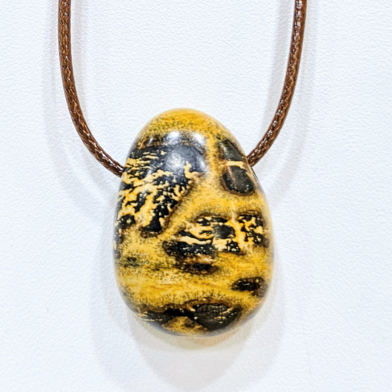 Pendentif Jaspe Paysage sur Cordon Simili Marron Réglable
