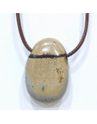 Pendentif Jaspe Paysage sur Cordon Simili Marron Réglable