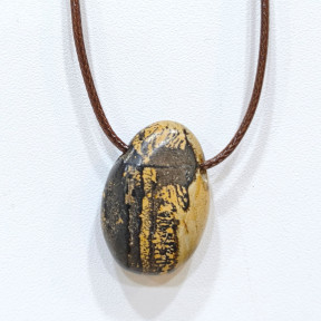Pendentif Jaspe Paysage sur Cordon Simili Marron Réglable