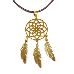 Pendentif Attrape-rêve Plaqué Or sur Cordon Simili Marron Réglable