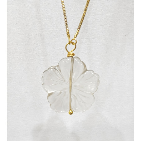 Pendentif Cristal de Roche Fleur sur Chaîne Plaquée Or Réglable