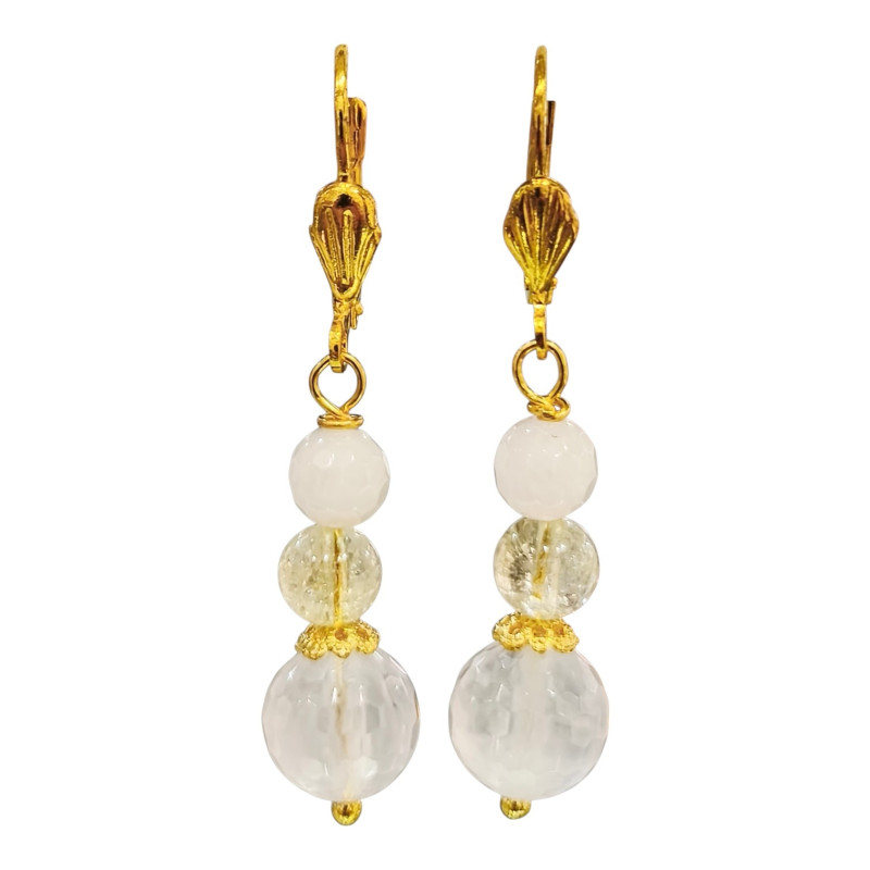 Boucles Quartz Rose et Cristal de Roche Plaquées Or