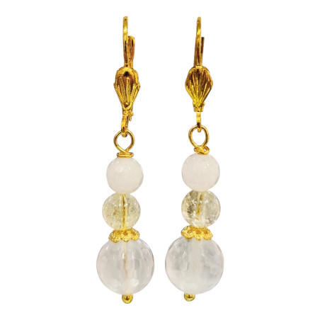Boucles Quartz Rose et Cristal de Roche Plaquées Or