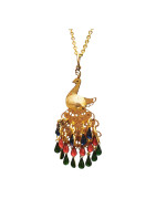 Pendentif Paon Perles de Verre Plaqué Or avec Chaîne 40 cm