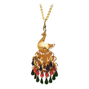 Pendentif Paon Perles de Verre Plaqué Or avec Chaîne 40 cm