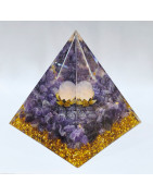 Pyramide Orgonite de protection Améthyste et Boule Quartz rose 10cm