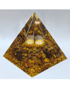Pyramide Orgonite de protection Œil de Tigre et Boule Quartz rose 10cm