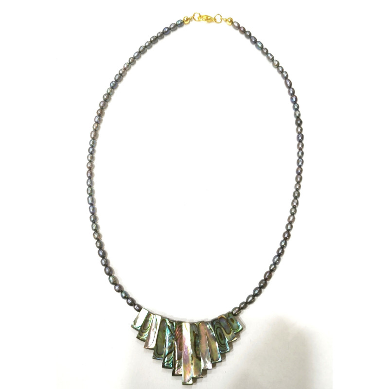 Collier Perle d'Eau Douce Grise Grain de Riz et Nacre 46 cm