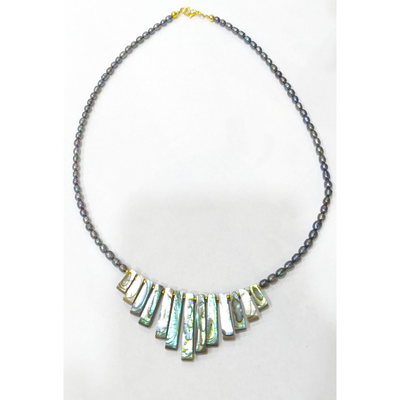 Collier Perle d'Eau Douce Grise Grain de Riz et Nacre avec Inserts Billes Plaquées or 46 cm