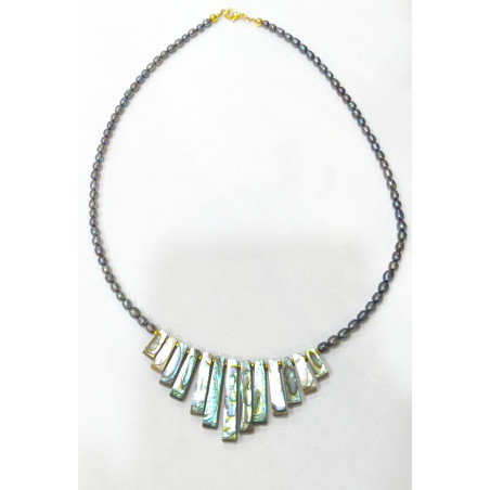 Collier Perle d'Eau Douce Grise Grain de Riz et Nacre avec Inserts Billes Plaquées or 46 cm