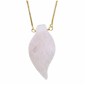 Pendentif Quartz Rose Feuille sur Chaîne Plaquée or Réglable jusqu'à 60 cm