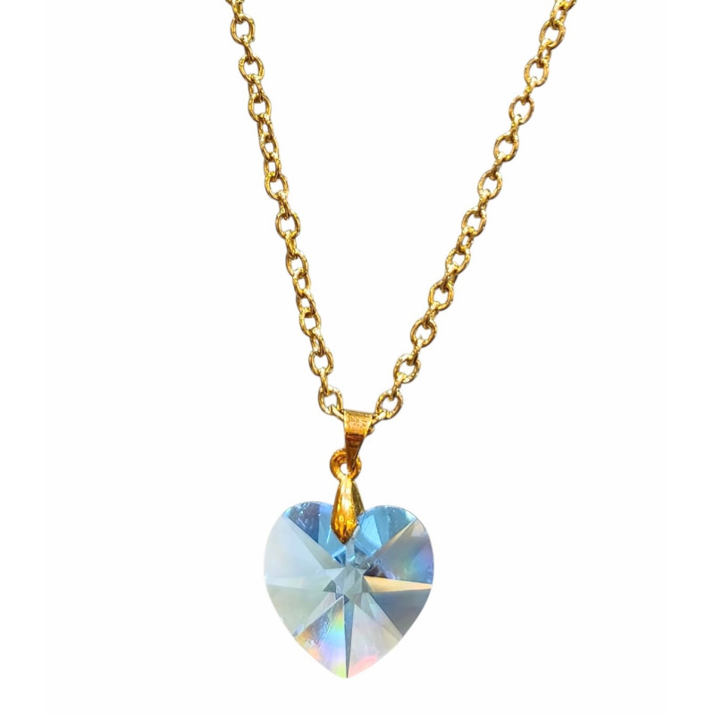 Pendentif Cœur Swarovski  Bleu 2.5 cm sur Chaîne Plaquée Or 52 cm